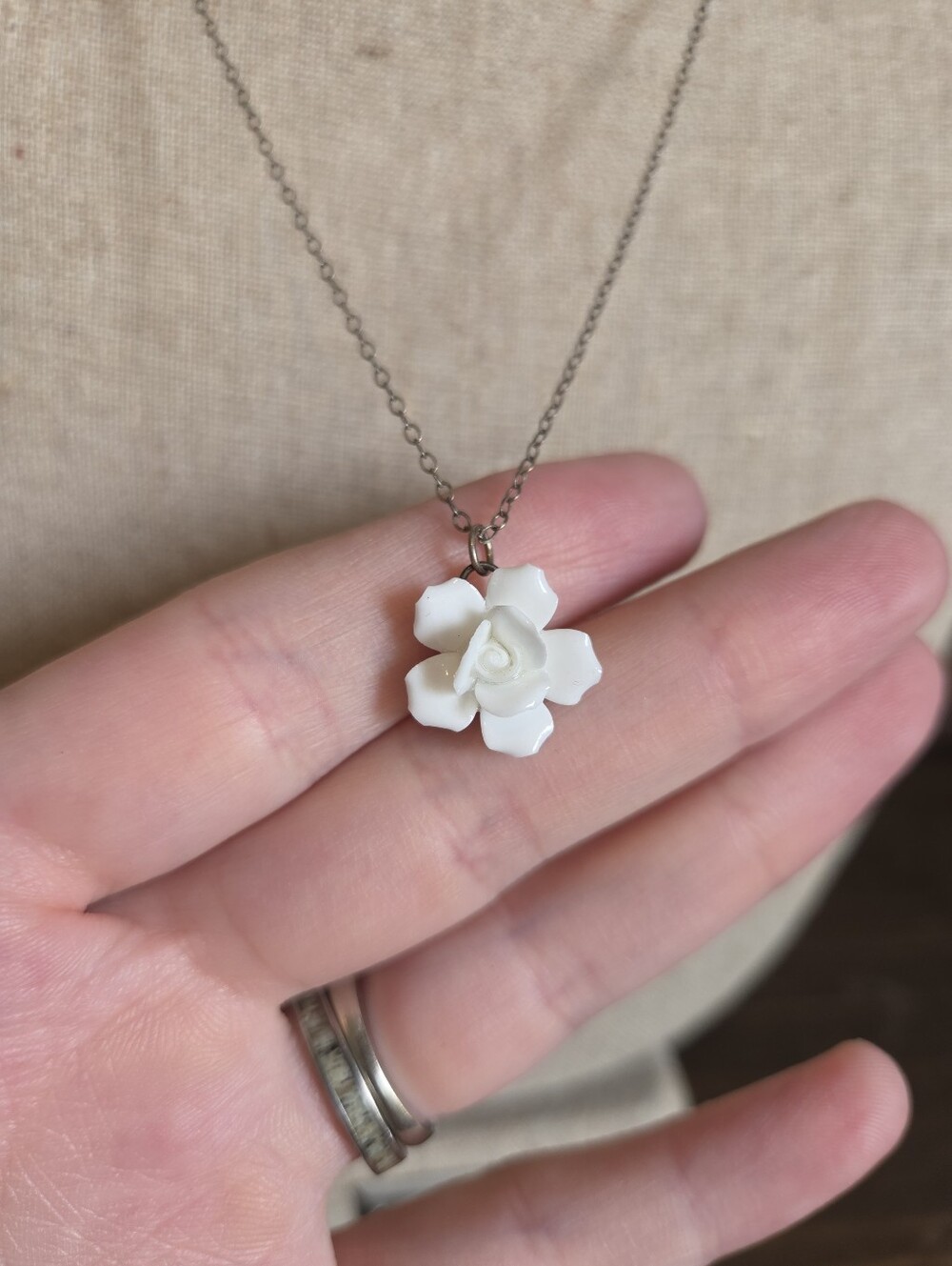White Porcelain Rose Pendant Necklace On Sterling Silver Chain 3D